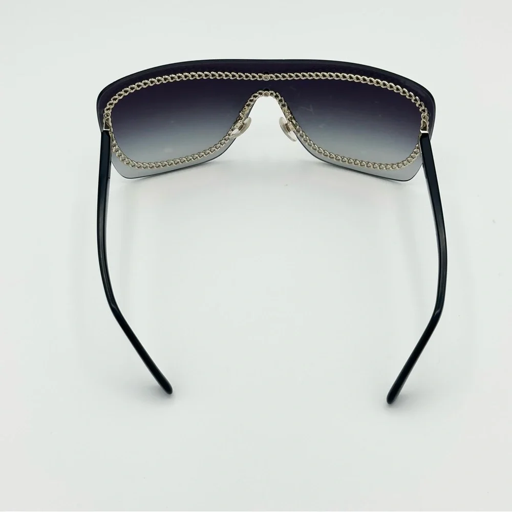 CHANEL Smoke Grey Black Sunglasses Gold Chain Detail Luxury Authentic Designer